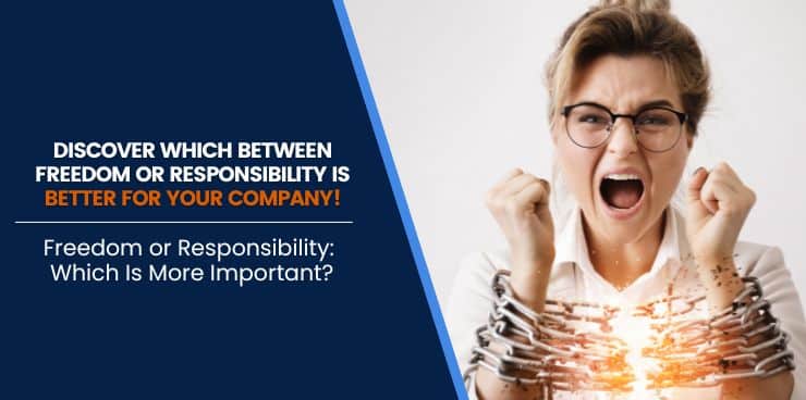 Woman wearing eyeglasses with chains on the hand and a text on the side "Discover which between freedom or responsibility is better for your company!"